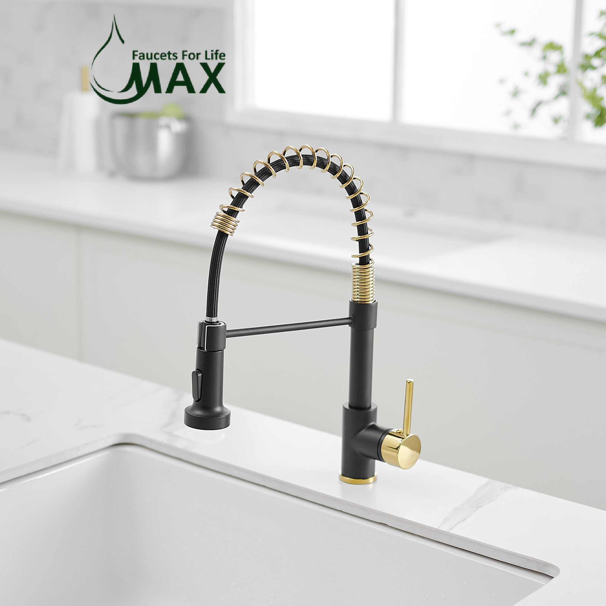 Pull-Down Spiral Flexible Kitchen Faucet 16.5" Matte Black,Shiny Gold Finish