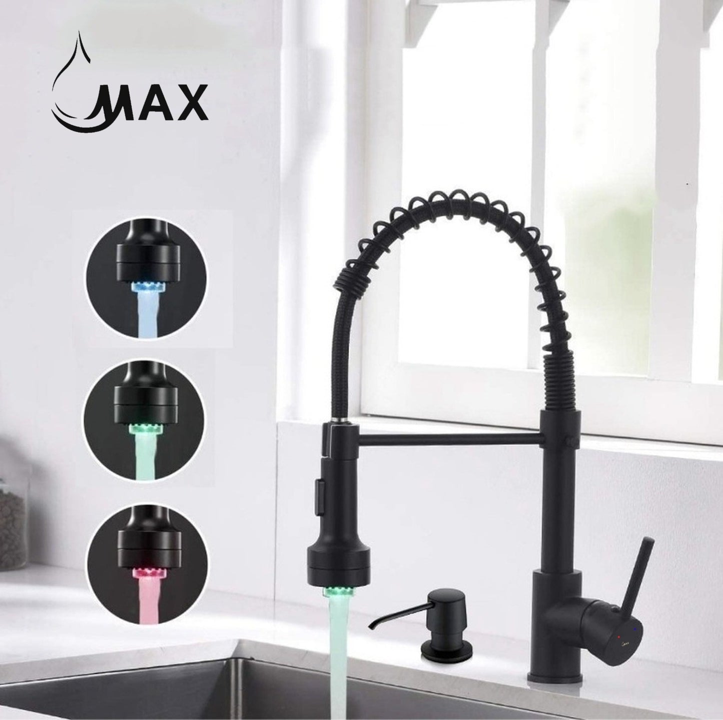 Pull-Down Spiral Kitchen Faucet Chef Style 16.5" With LED Light And Soap Dispenser Matte Black Finish.