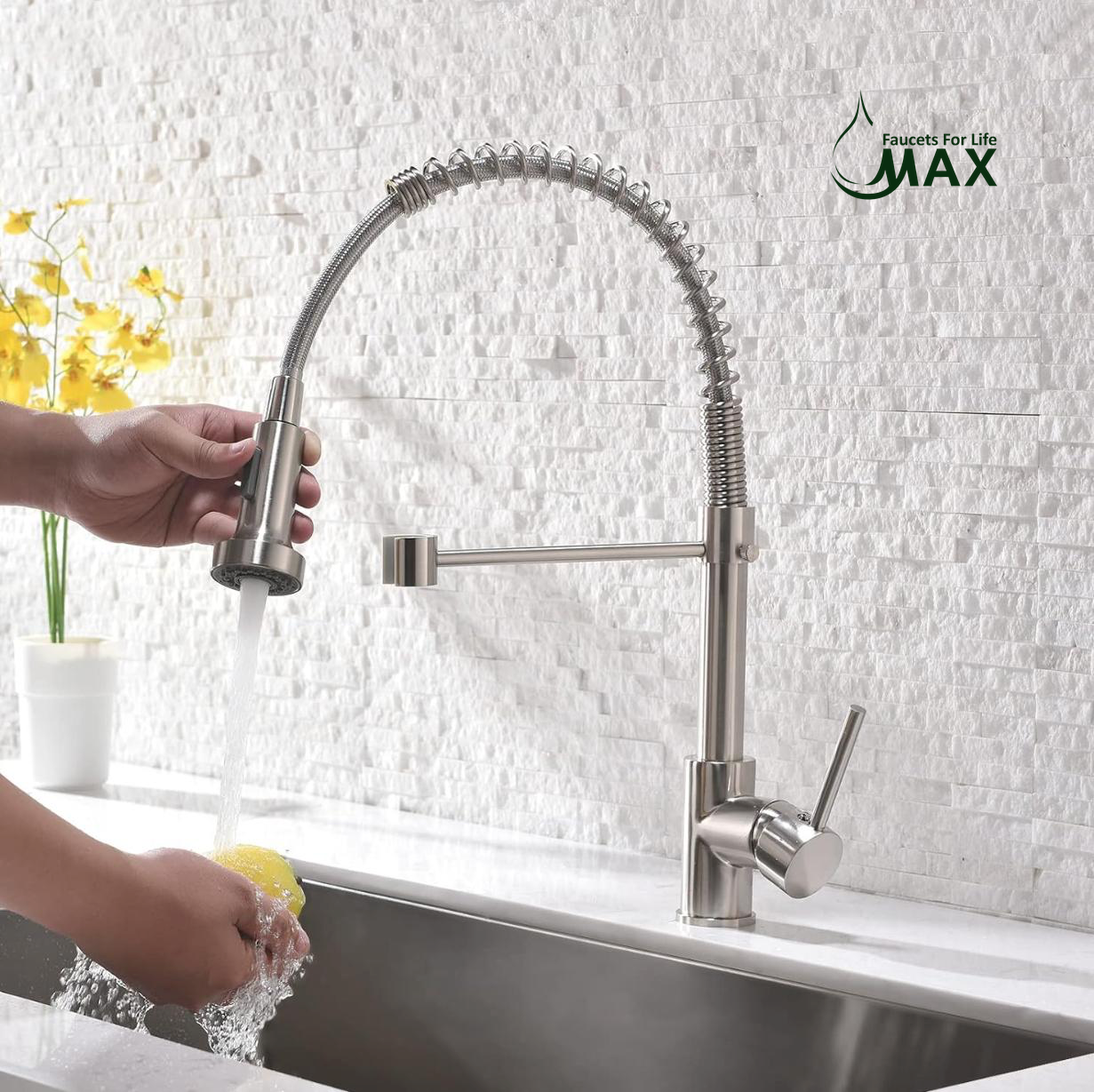 MAX Faucets | Pull-Down Spiral Flexible Kitchen Faucet – 16.5" Brushed Nickel Finish