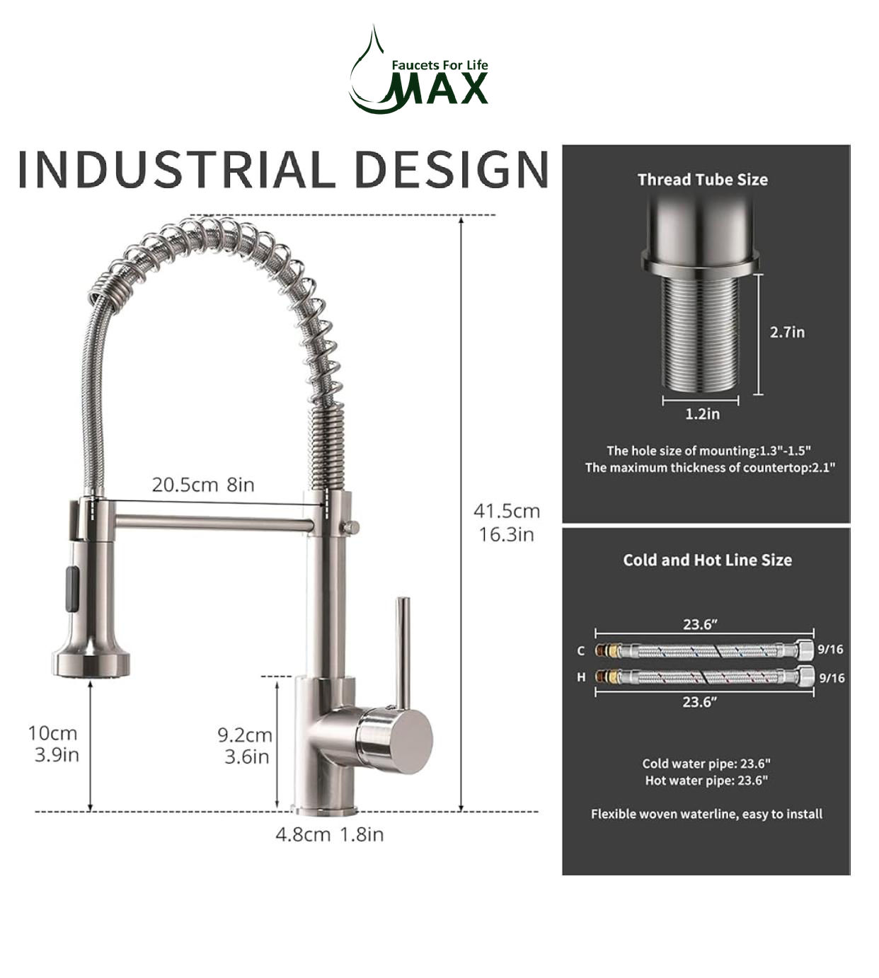 MAX Faucets | Pull-Down Spiral Flexible Kitchen Faucet – 16.5" Brushed Nickel Finish