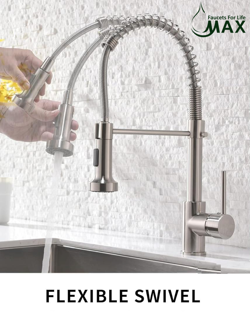 MAX Faucets | Pull-Down Spiral Flexible Kitchen Faucet – 16.5" Brushed Nickel Finish