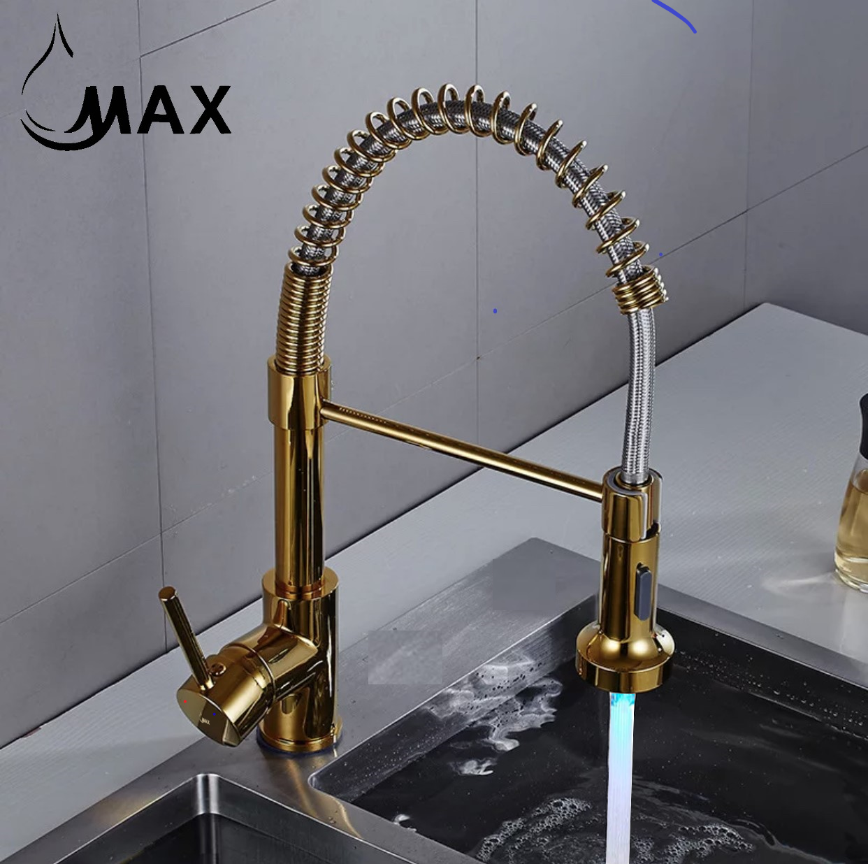 MAX Faucets | Pull-Down Spiral Flexible Kitchen Faucet – 16.5" Shiny Gold Finish with LED Light
