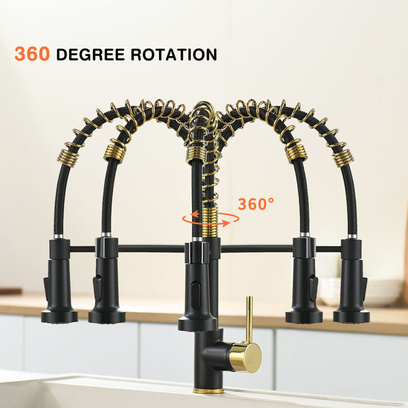 Pull-Down Spiral Flexible Kitchen Faucet 16.5" Matte Black,Shiny Gold Finish