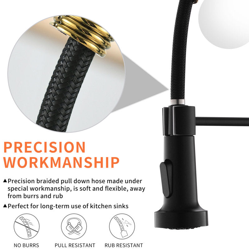Pull-Down Spiral Flexible Kitchen Faucet 16.5" Matte Black,Shiny Gold Finish