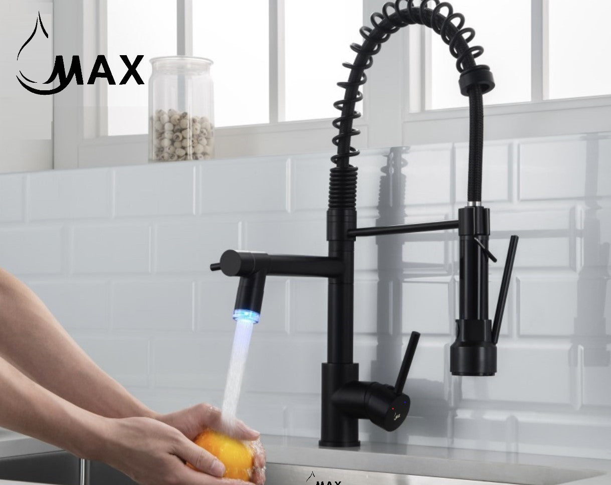 Flexible Pulldown Kitchen Faucet With Soap Dispenser And LED Light Pot Filler 19" Matte Black