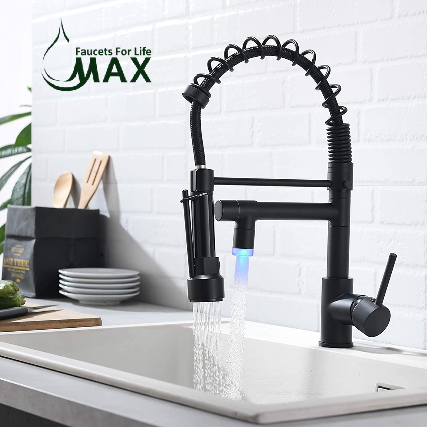 MAX Faucets | Pre-Rinse Chef Style Kitchen Faucet Hands-Free Pull-Down Flexible with Separate Pot Filler Spout and LED Light – 19" Matte Black Finish