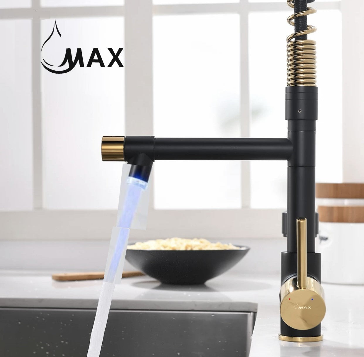 MAX Faucets | Pre-Rinse Chef Style Kitchen Faucet Hands-Free Pull-Down Flexible with Separate Pot Filler Spout and LED Light – 19" Matte Black and Shiny Gold Finish