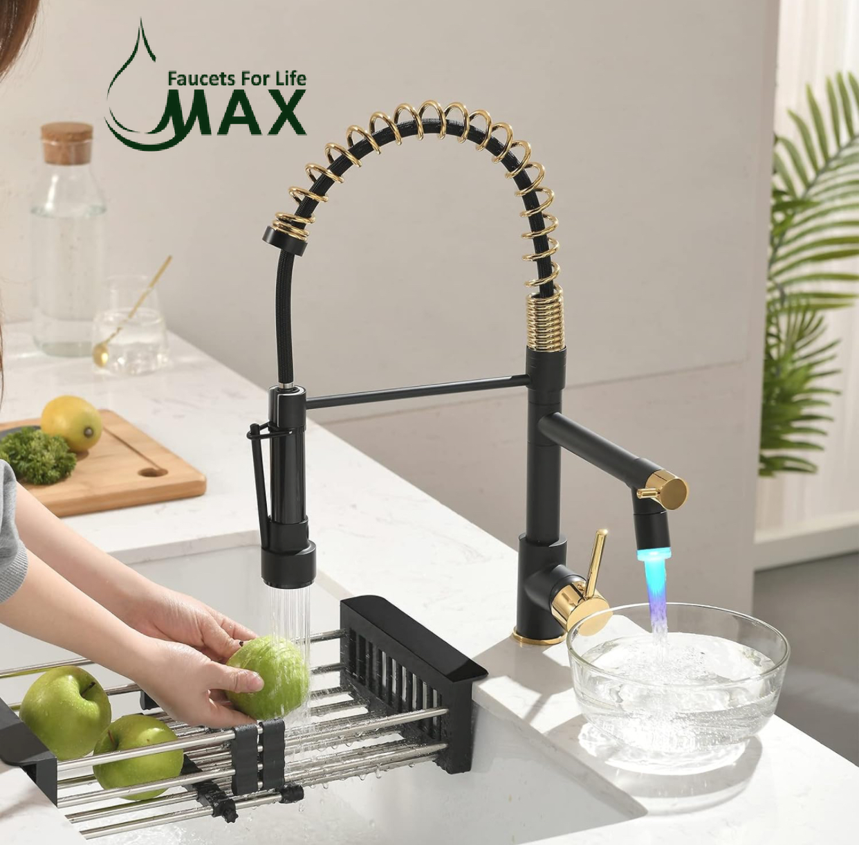 MAX Faucets | Pre-Rinse Chef Style Kitchen Faucet Hands-Free Pull-Down Flexible with Separate Pot Filler Spout and LED Light – 19" Matte Black and Shiny Gold Finish