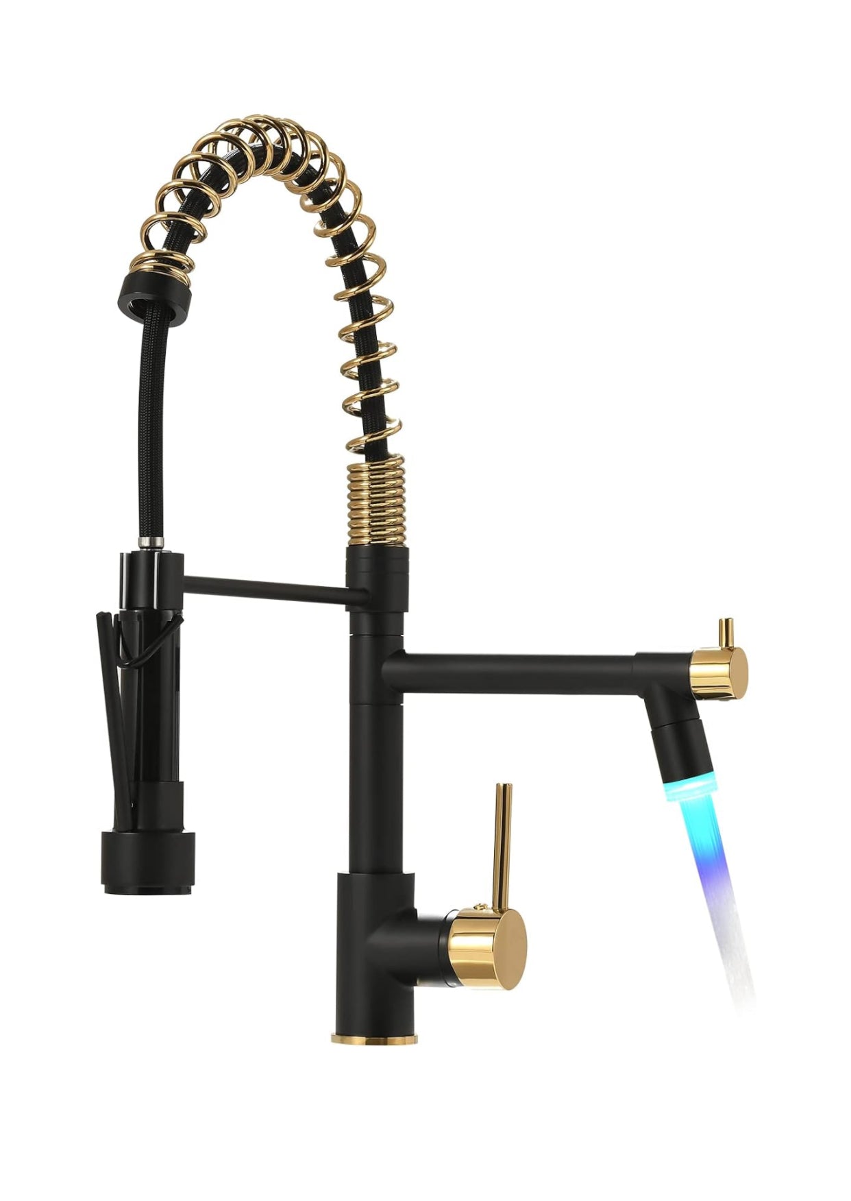 MAX Faucets | Pre-Rinse Chef Style Kitchen Faucet Hands-Free Pull-Down Flexible with Separate Pot Filler Spout and LED Light – 19" Matte Black and Shiny Gold Finish