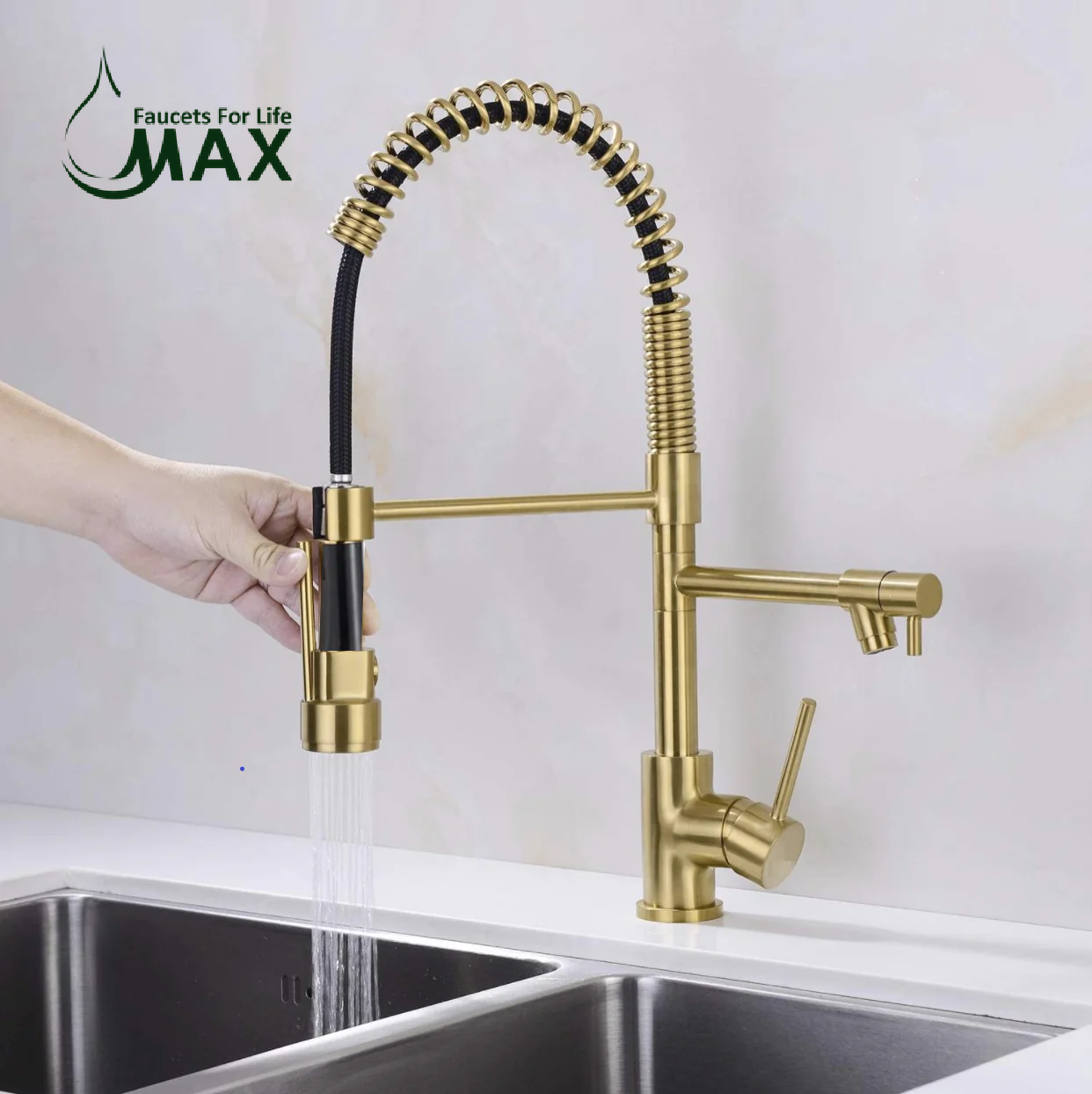 MAX Faucets | Pre-Rinse Chef Style Kitchen Faucet Hands-Free Pull-Down Flexible with Separate Pot Filler Spout – 19" Brushed Gold Finish