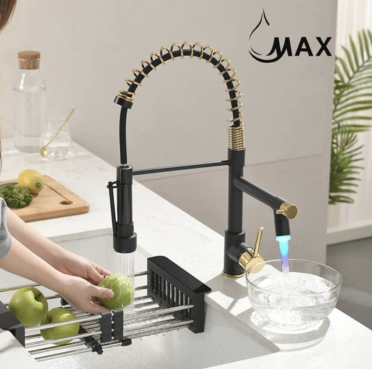 Pull-Down Flexible Kitchen Faucet With Separate Pot Filler Spout & LED Light 19" Matte Black,Shiny Gold Finis