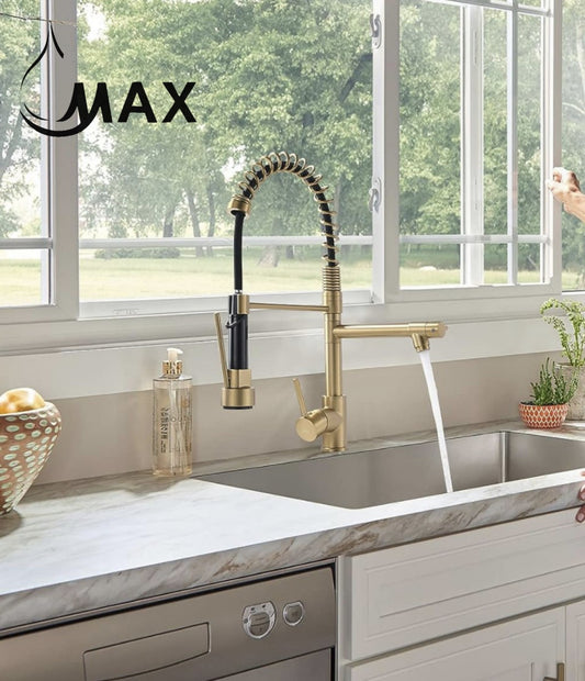Hands Free Kitchen Faucet Pre-Rinse Pull-Down Flexible With Separate Pot Filler Spout 19" Brushed Gold Finish