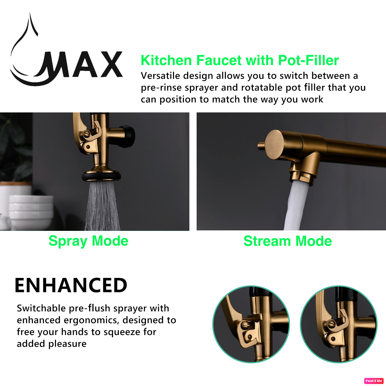 Pre-Rinse Chef Style Kitchen Faucet Pull-Down Hand Free With Separate Pot Filler Spout  Brushed Gold 22"