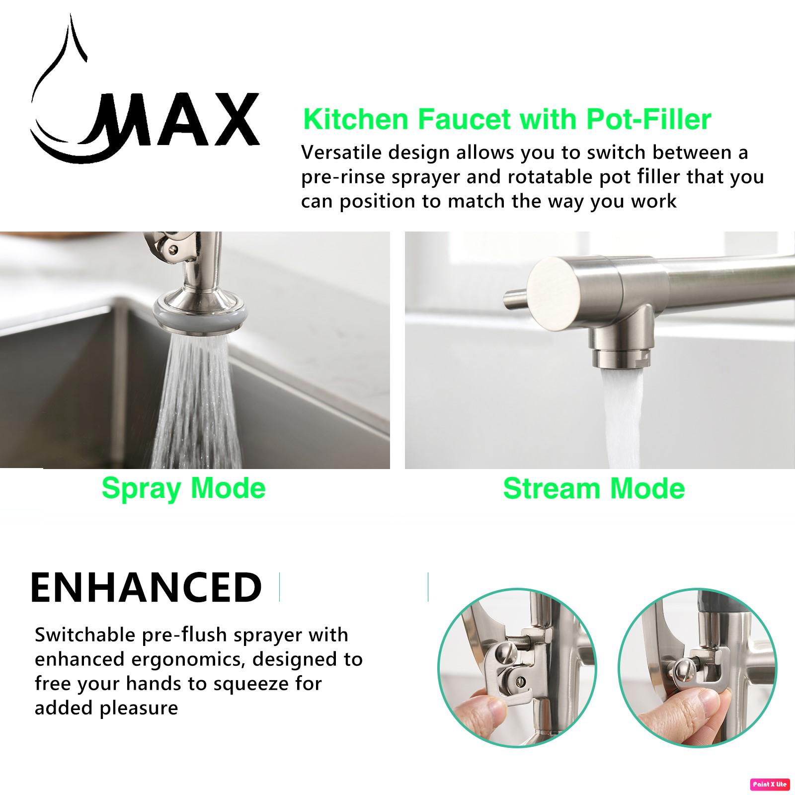 Pre-Rinse Chef Style Kitchen Faucet Pull-Down Hand Free With Separate Pot Filler Spout Brushed Nickel 22"