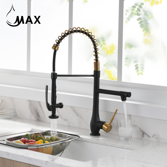 Pre-Rinse Kitchen Faucet Chef Style Pull-Down With Separate Pot Filler Spout Matte Black / Brushed Gold 22"