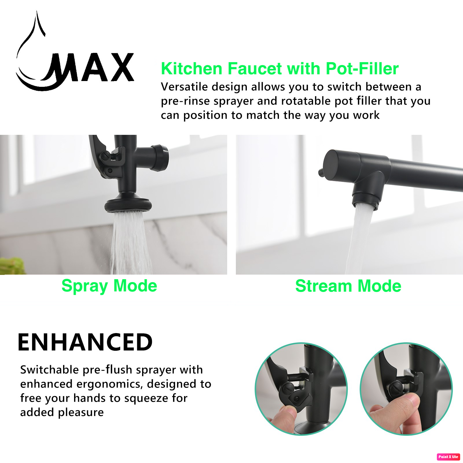 Pre-Rinse Chef Style Kitchen Faucet Pull-Down Hand Free With Separate Pot Filler Spout Spout Matte Black 22"