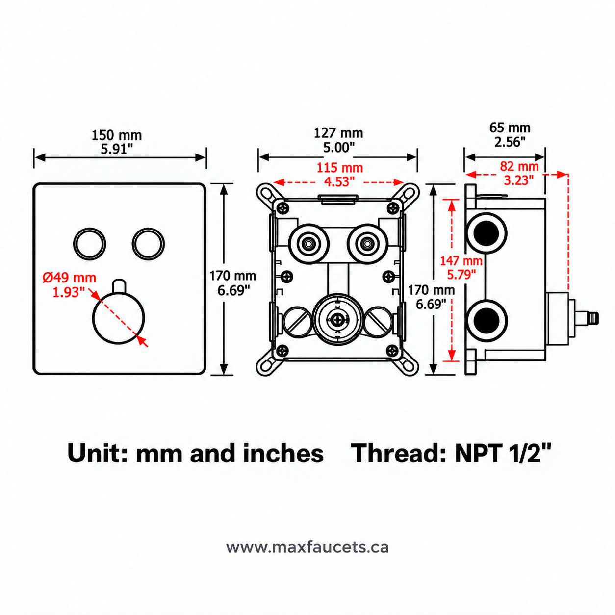 Dimension diagram of a 2-function thermostatic push-button shower valve showing front, rough-in and side views, measurements in millimetres and inches, and 1/2-inch NPT connections.