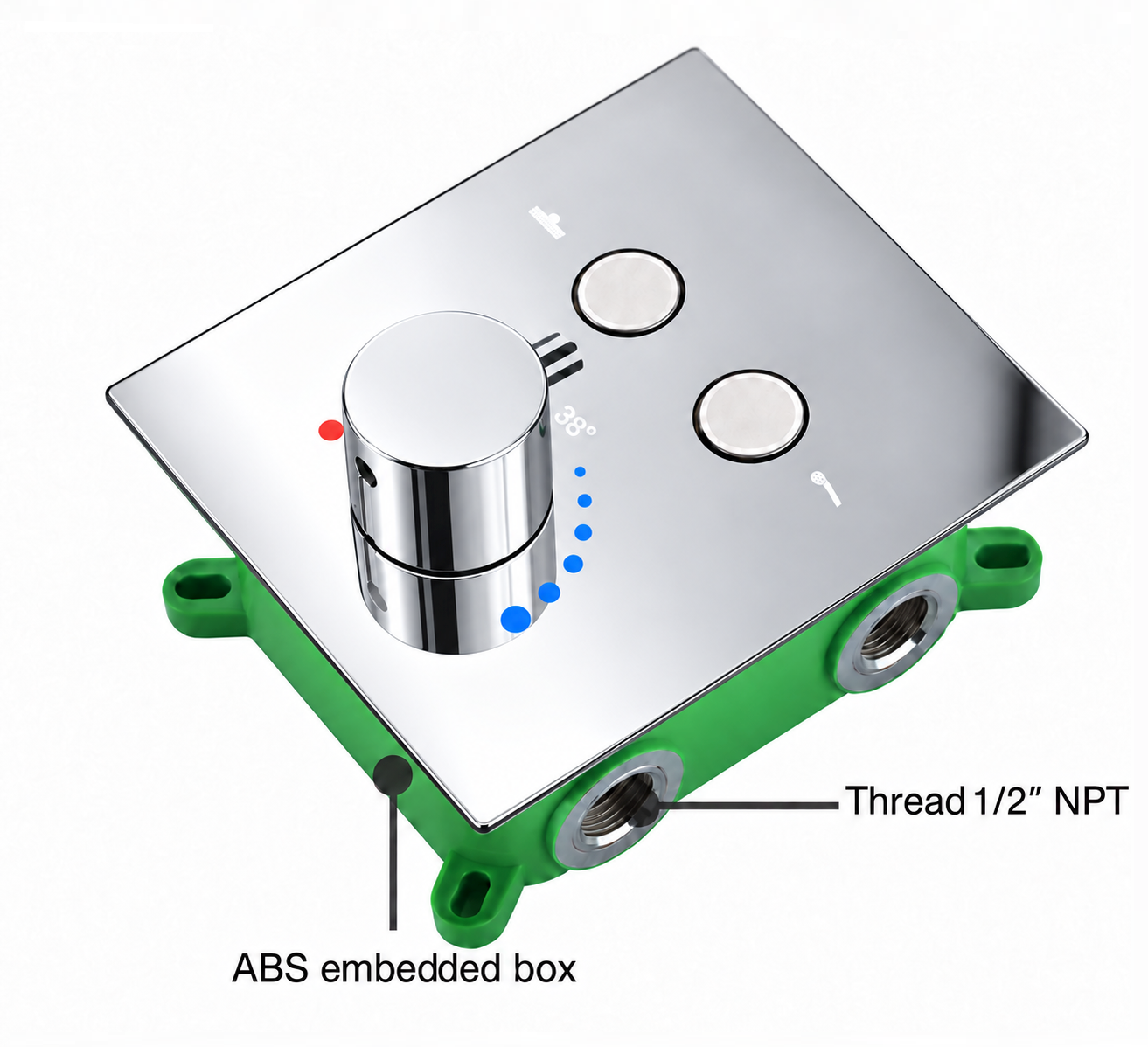 Chrome 2-function thermostatic push-button shower valve with 38° marking, ABS rough-in box and 1/2-inch NPT connections.