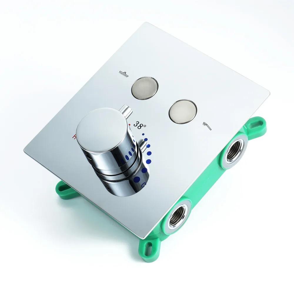 Chrome 2-function thermostatic push-button shower valve with two silver buttons, temperature control knob and green ABS rough-in box, shown at an angle.
