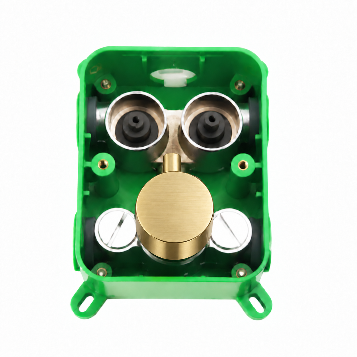 Front view of a 2-function thermostatic shower valve rough-in with brushed gold temperature knob and exposed valve components inside a green ABS box.