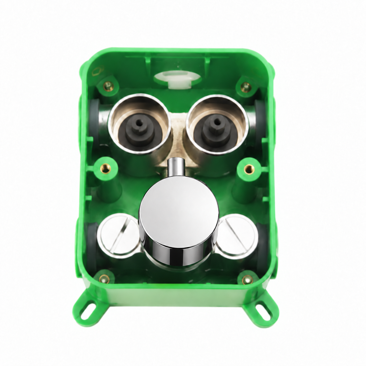 Front view of a 2-function thermostatic shower valve rough-in with chrome temperature knob and exposed valve components inside a green ABS box.