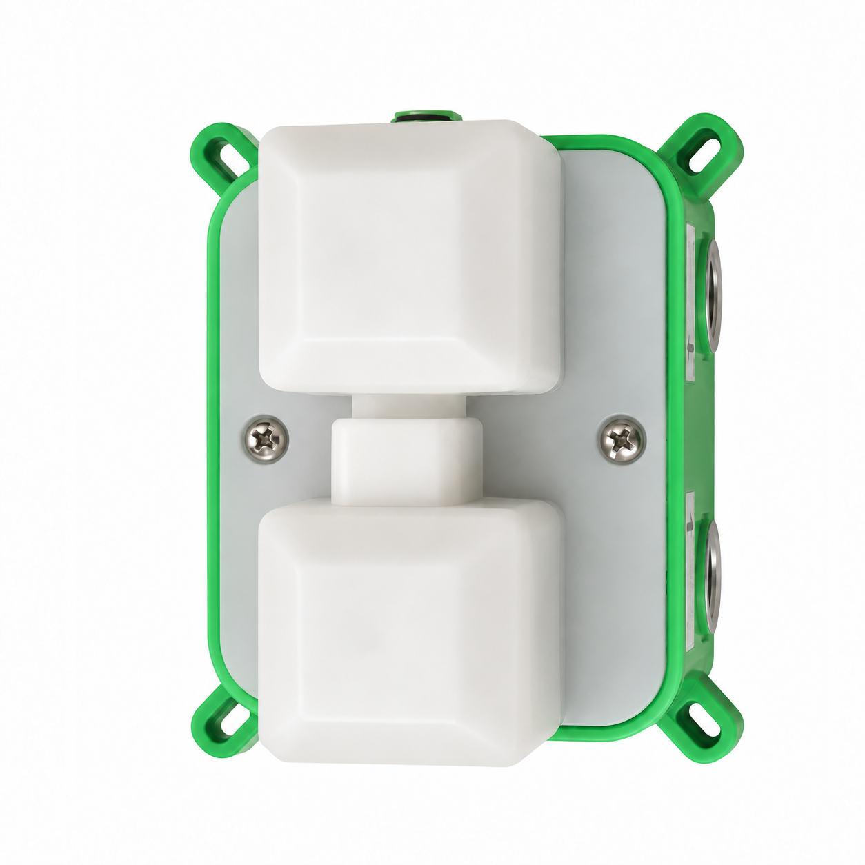 2-function thermostatic shower valve rough-in with white protective covers, green ABS box and side water connections.