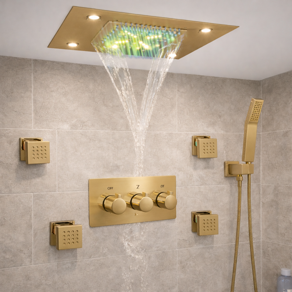 MAX Faucets 20-inch LED ceiling shower system in brushed gold with rainfall, waterfall, handheld shower and 4 body jets