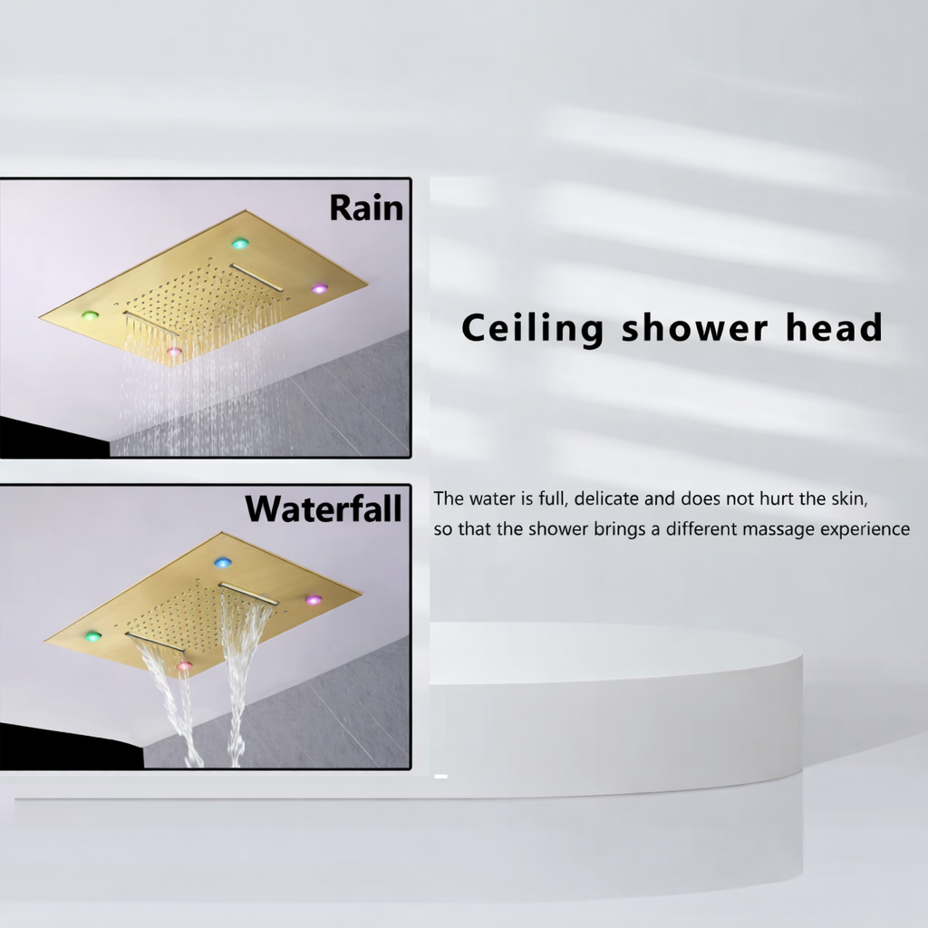 20-inch brushed gold LED ceiling shower head with rainfall and waterfall functions by MAX Faucets