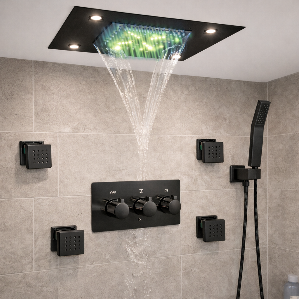 MAX Faucets 20-inch LED ceiling shower system with 4 body jets, handheld shower, and pressure balance valve in matte black finish