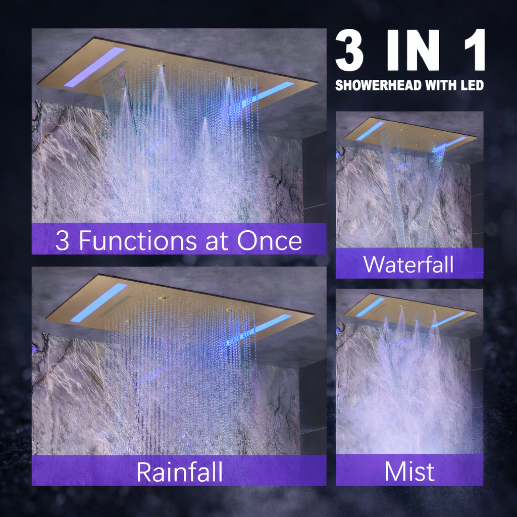 20 inch LED shower head with rainfall waterfall and mist functions in brushed gold shower system
