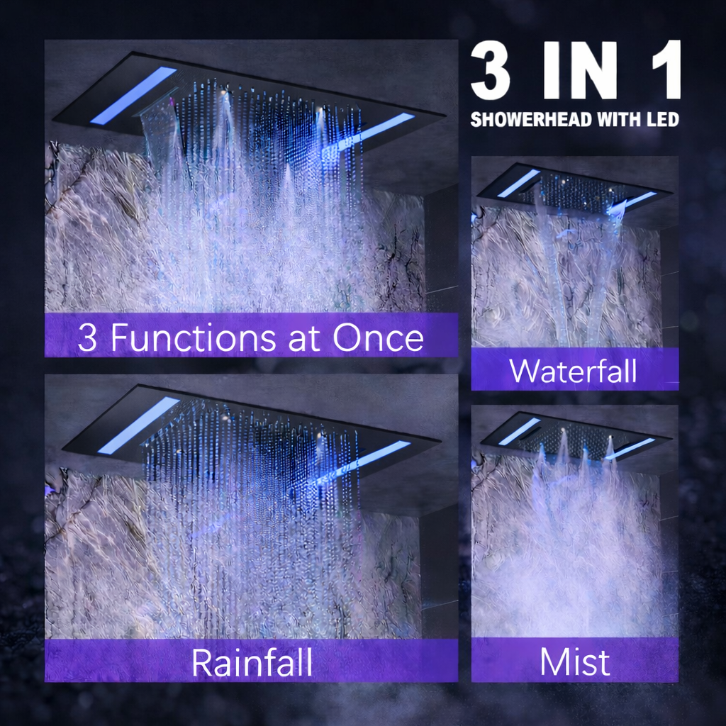 20 inch LED shower head with rainfall waterfall and mist functions in matte black shower system