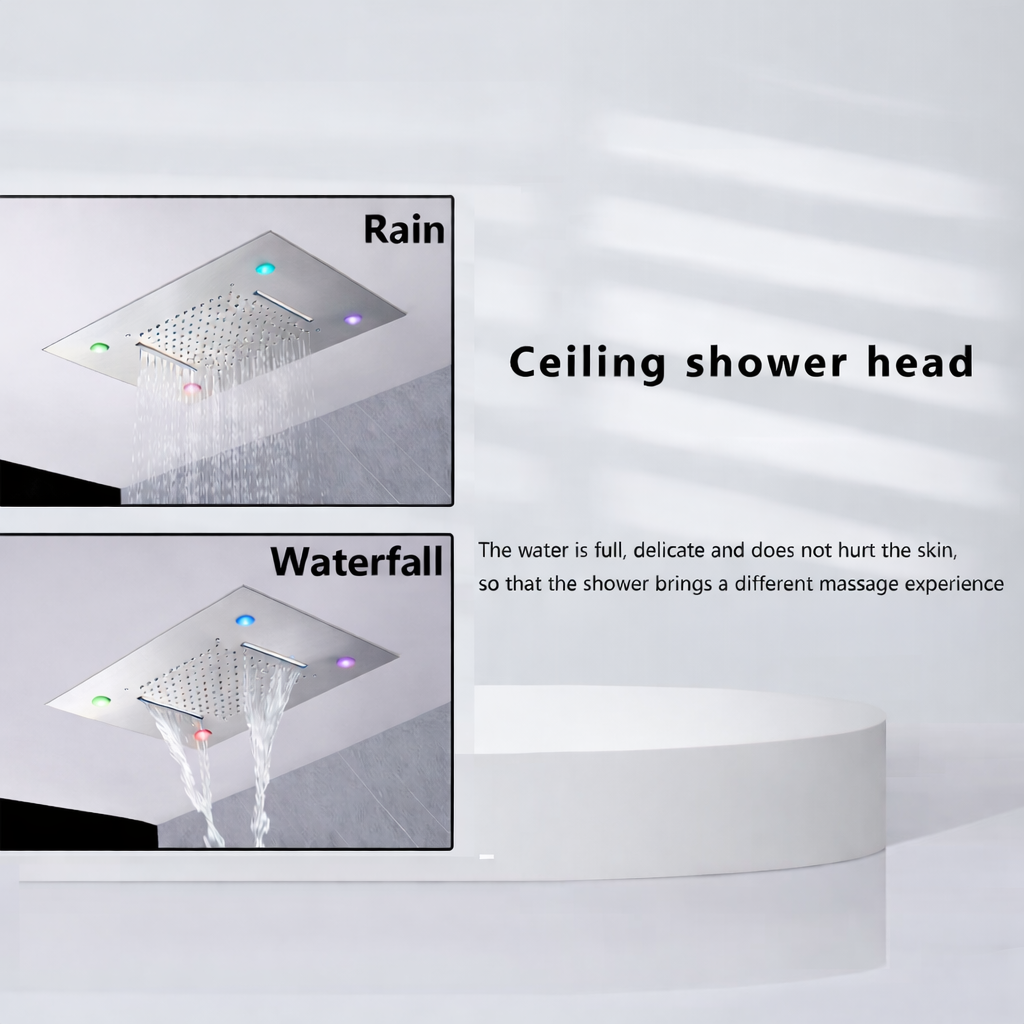 20 inch chrome LED rainfall and waterfall ceiling mounted shower head