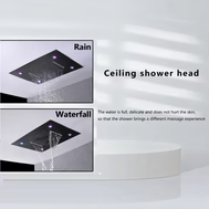 Ceiling shower head with 'Rain' and 'Waterfall' options on a white background