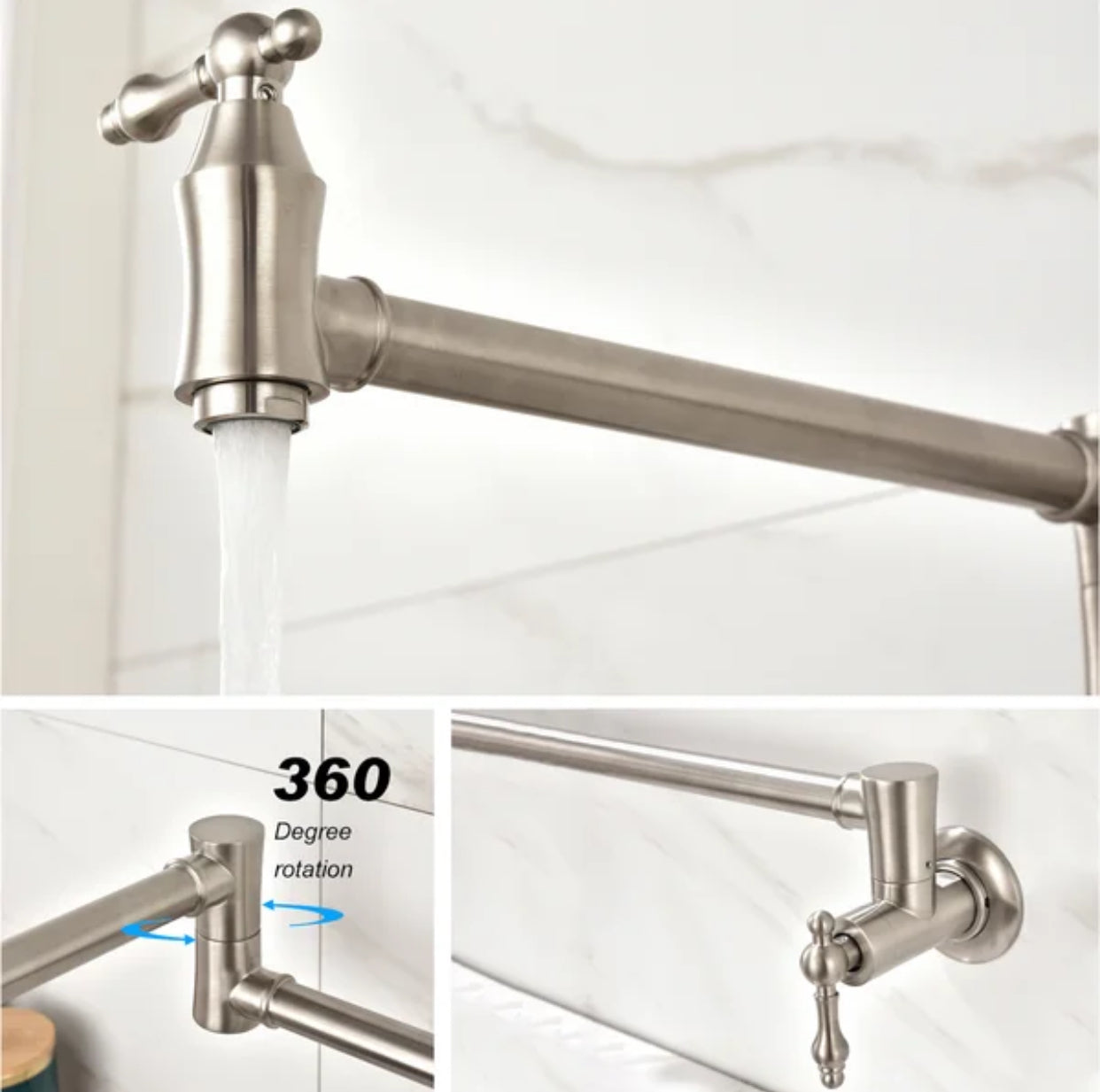 Pot Filler Faucet Double Handle Traditional Wall Mounted 27" With Accessories Brushed Nickel Finish