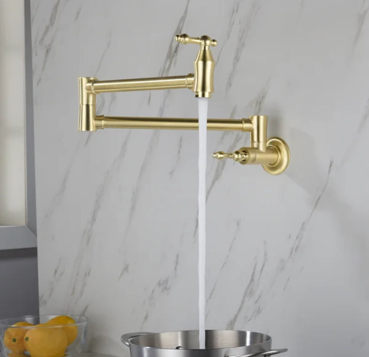 Pot Filler Faucet Double Handle Traditional Wall Mounted 27" With Accessories Brushed Gold Finish