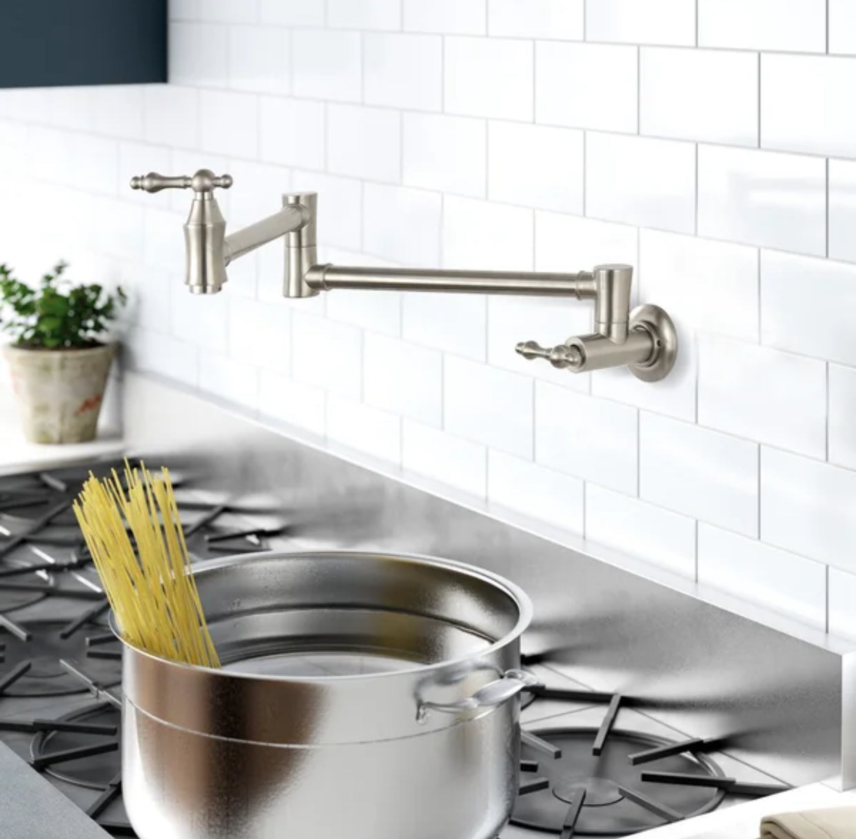 Pot Filler Faucet Double Handle Traditional Wall Mounted 27" With Accessories Brushed Nickel Finish