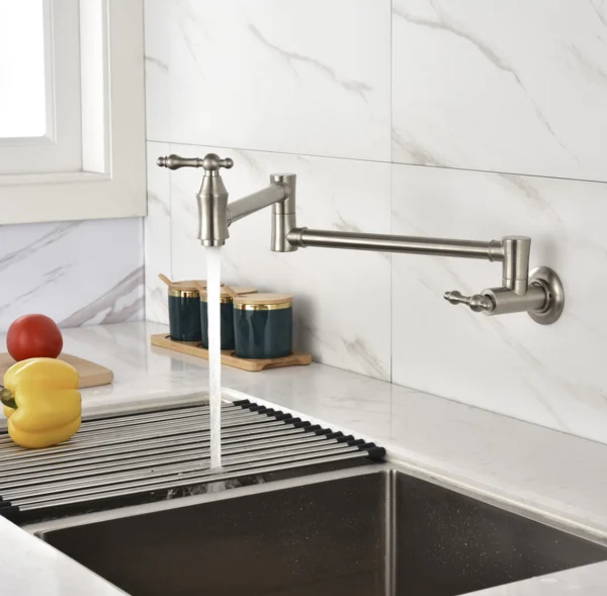 Pot Filler Faucet Double Handle Traditional Wall Mounted 27" With Accessories Brushed Nickel Finish