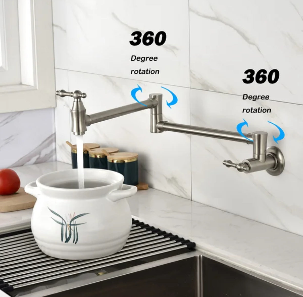 Pot Filler Faucet Double Handle Traditional Wall Mounted 27" With Accessories Brushed Nickel Finish