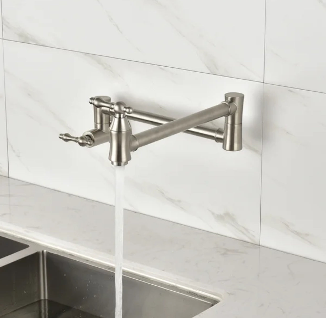 Pot Filler Faucet Double Handle Traditional Wall Mounted 27" With Accessories Brushed Nickel Finish