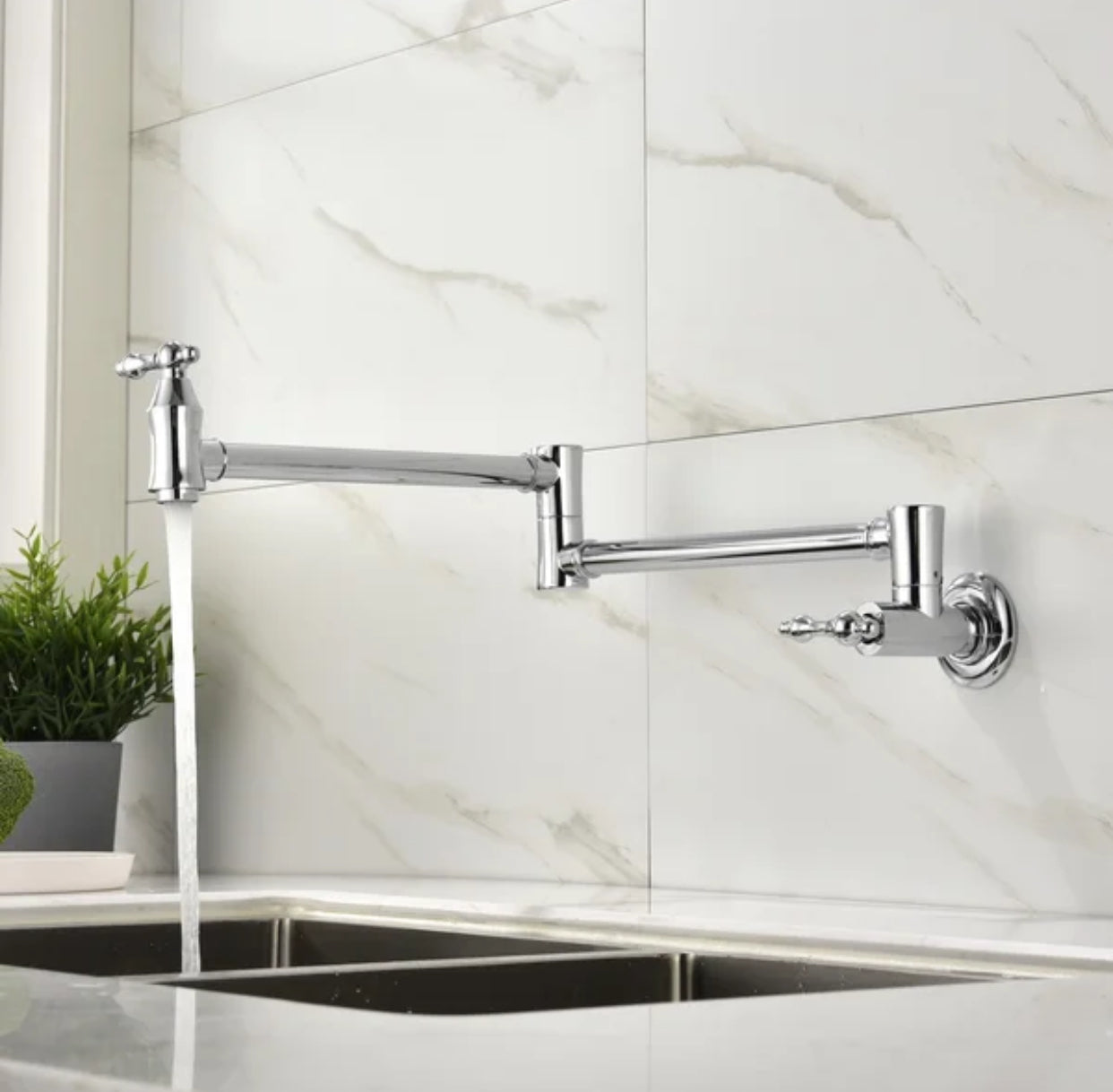 Pot Filler Faucet Double Handle Traditional Wall Mounted 27" With Accessories Chrome Finish
