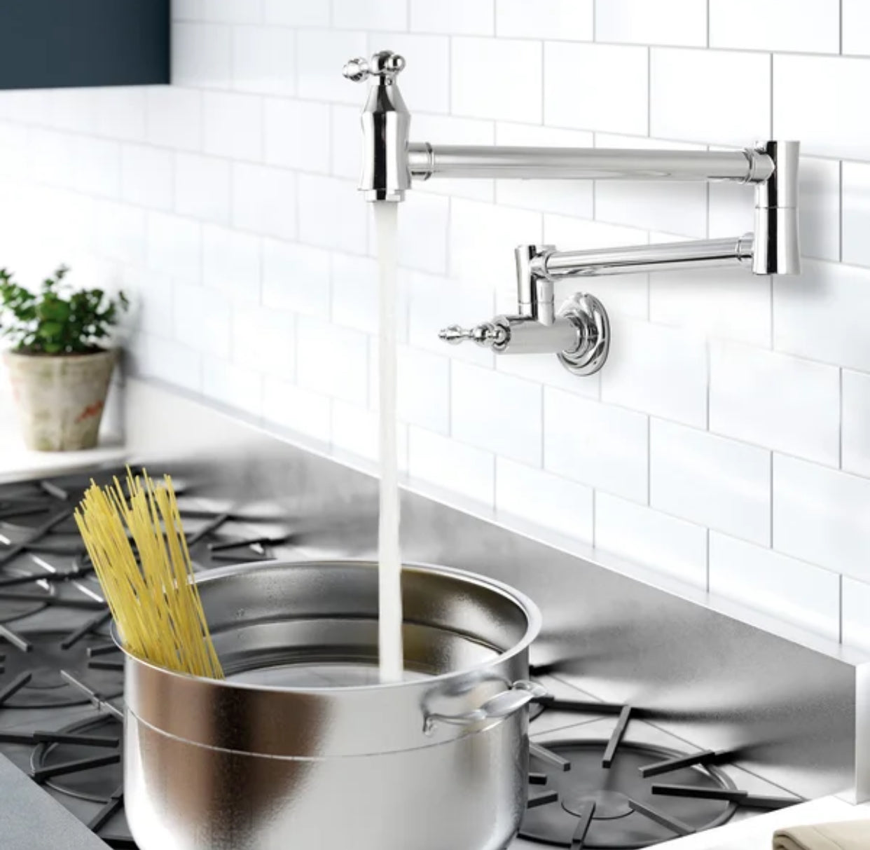 Pot Filler Faucet Double Handle Traditional Wall Mounted 27" With Accessories Chrome Finish