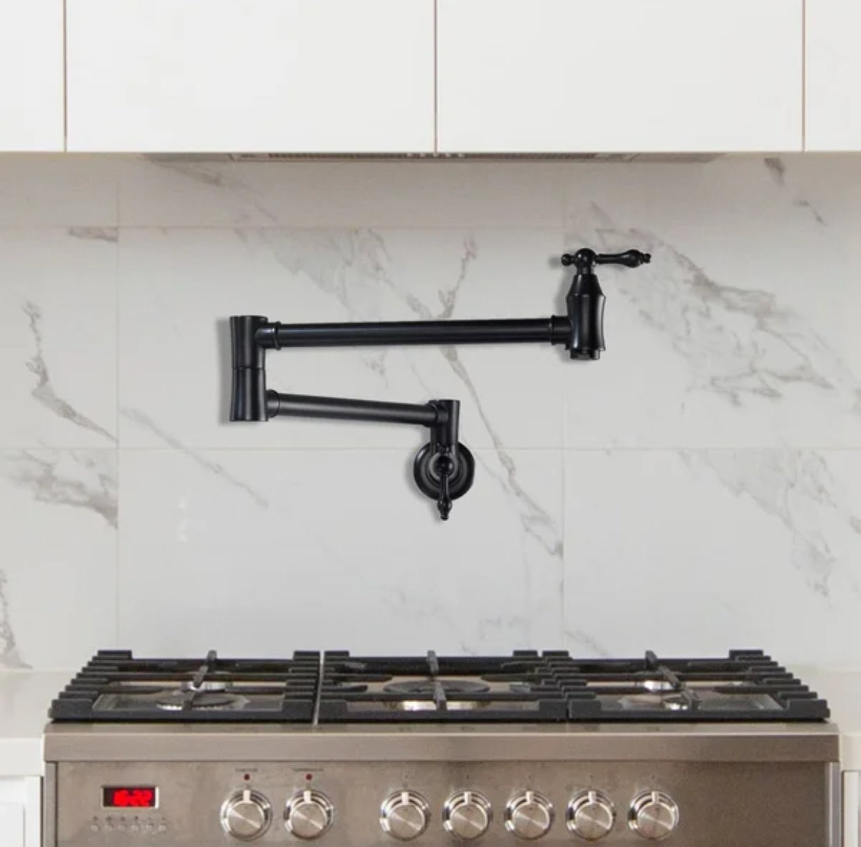 Pot Filler Faucet Double Handle Traditional Wall Mounted 27" With Accessories Matte Black Finish