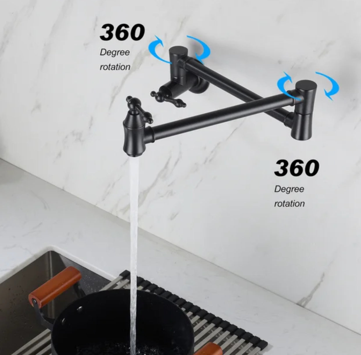 Pot Filler Faucet Double Handle Traditional Wall Mounted 27" With Accessories Matte Black Finish