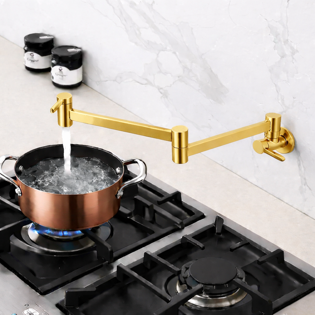 Luxury brushed gold wall-mounted pot filler kitchen faucet filling pot on gas stove with folding arm design