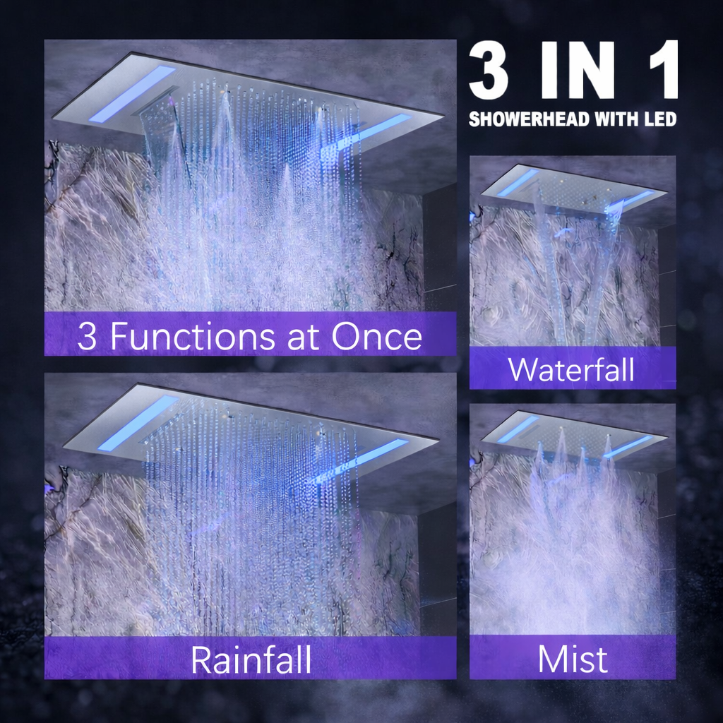 20” x 14” Ceiling-Mounted 3-Function LED Shower Head chrome finish 