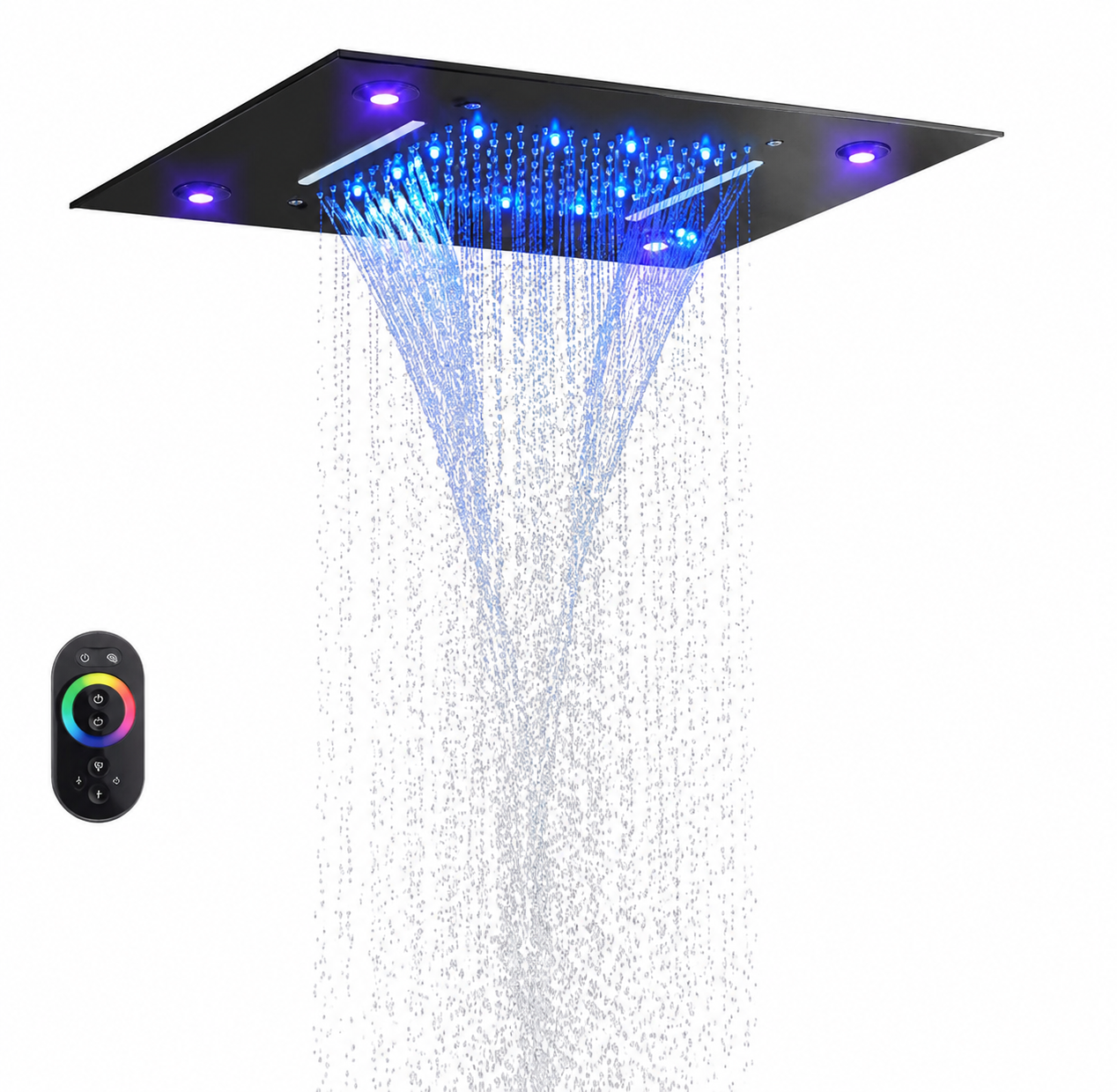20 x 14 inch matte black LED ceiling-mounted shower head with rainfall and waterfall functions