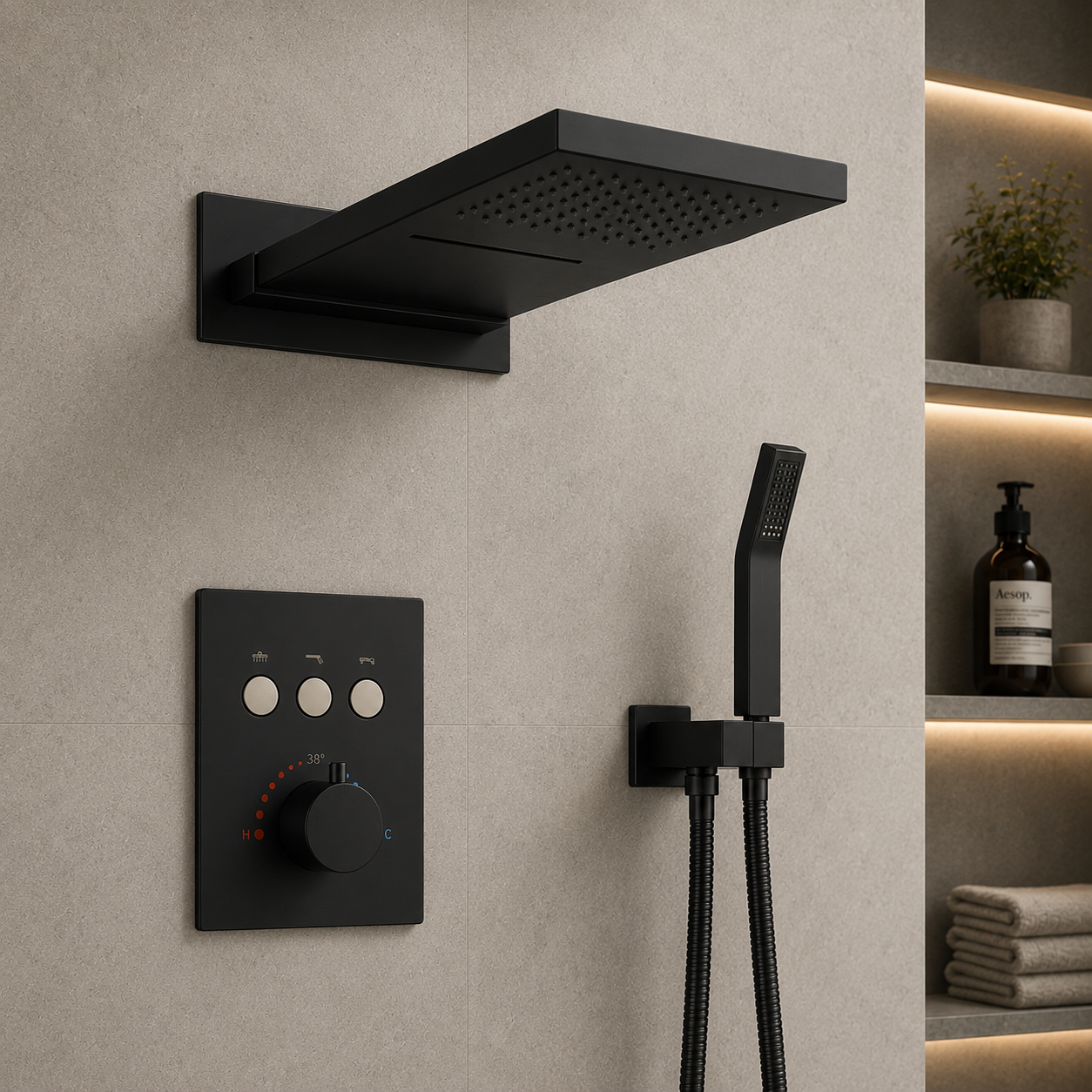 22 inch waterfall and rainfall shower head in matte black for thermostatic shower system