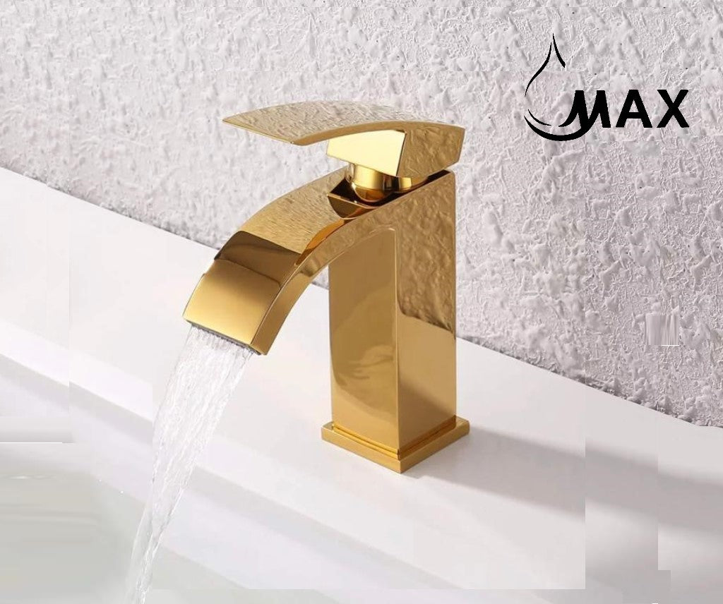 Waterfall Bathroom Faucet Single Handle with Solid Pop-Up Drain Shiny Gold