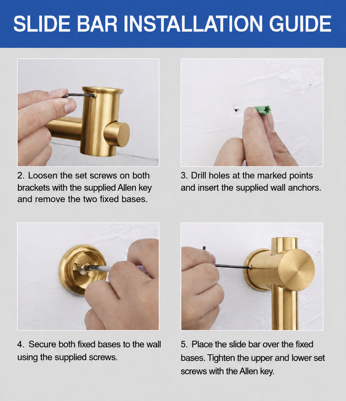 Installation guide graphic for a wall-mounted slide bar, showing four numbered steps with photos of hands using a screwdriver and drill on a white wall. The top banner reads 'SLIDE BAR INSTALLATION GUIDE' in white text on a blue background.