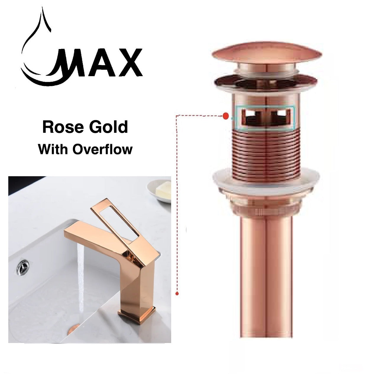 MAX Faucets | Solid Brass Pop-Up Bathroom Sink Drain Assembly – Rose Gold Finish with Overflow and Hair Catcher